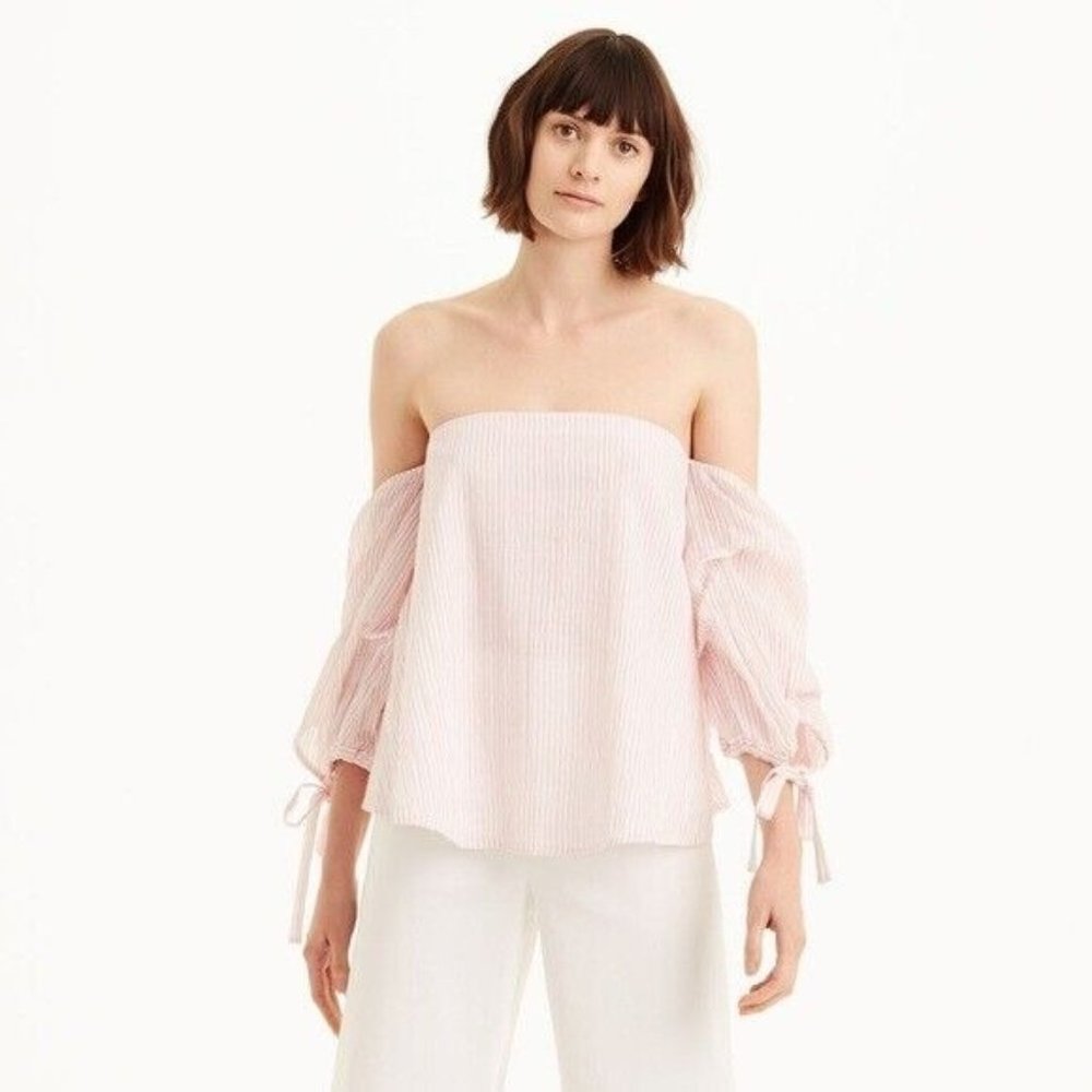 Club Monaco Womens Pink Pin Striped Liki Top 00 Chemise Off the Shoulder Boxy